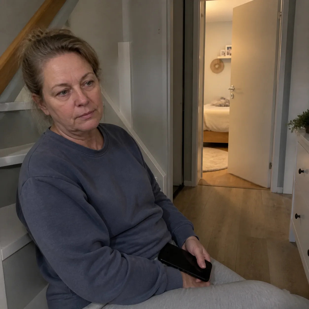 Trött förälder utanför barnrummet sent på kvällen