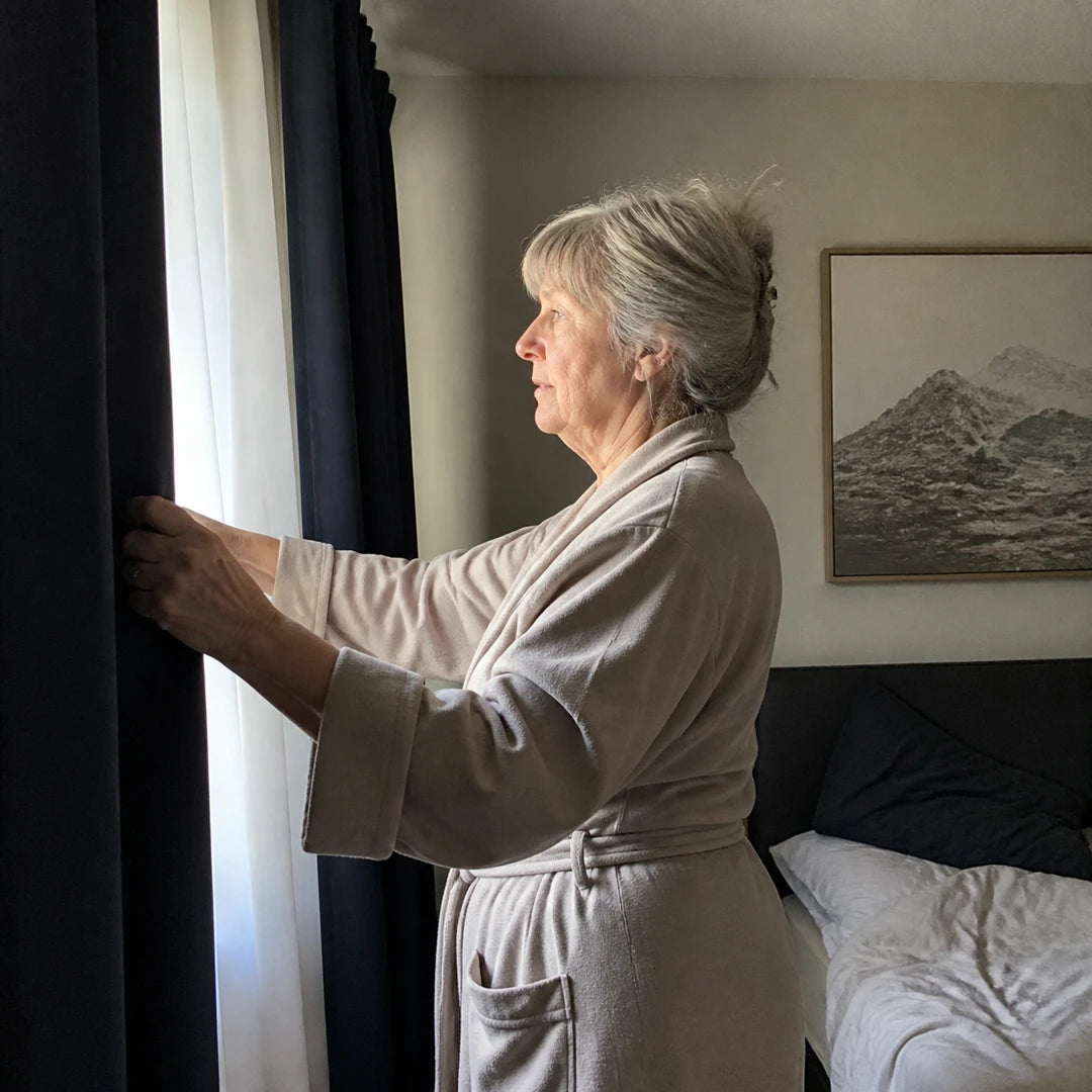 Öppnar gardinerna på morgonen